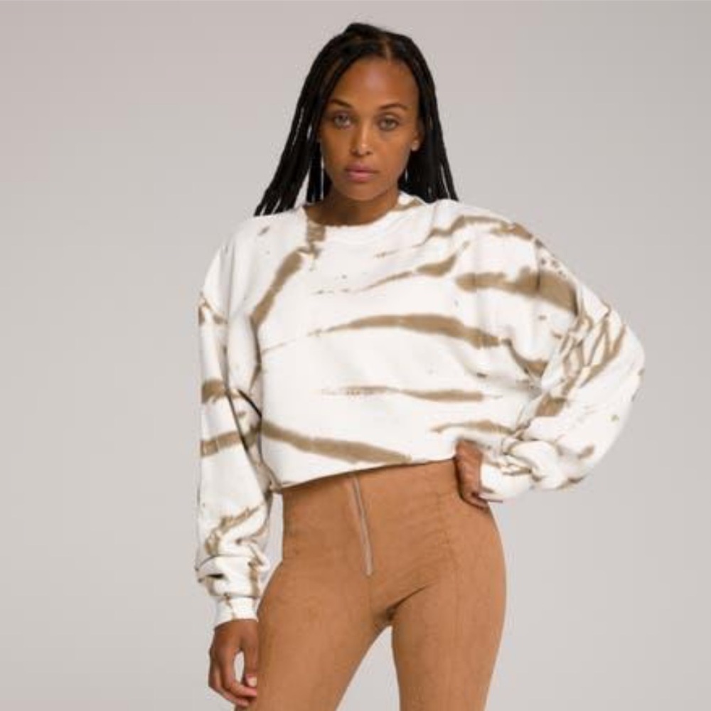 GOOD AMERICAN Women's White Cropped Cotton Tie-Dye Crewneck Sweatshirt